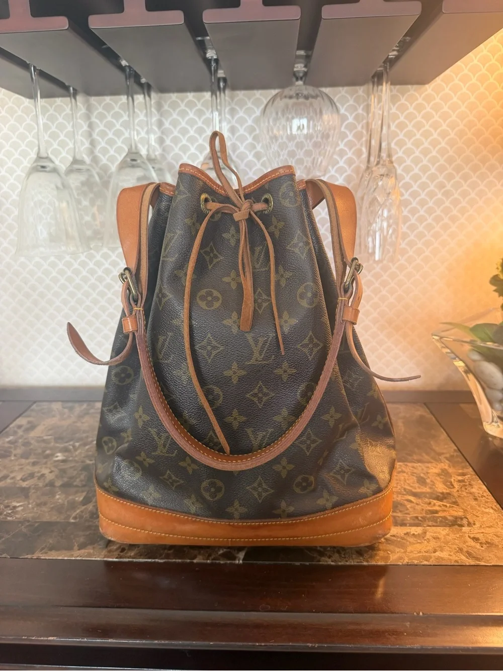 Louis Vuitton Monogram Drawstring Bucket Bag in Brown and Tan